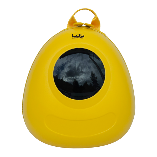 Ldb Ledback Buddy Smart LED Backpack in Lemon Drop Yellow with a blacked out round LED screen, shown from the front isolated on a transparent background.