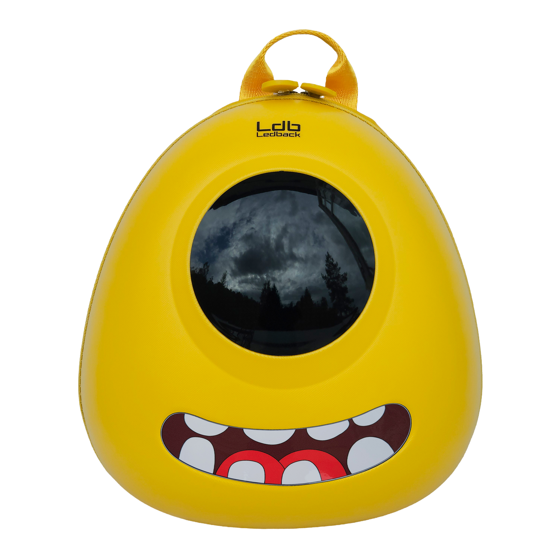 Ldb Ledback Buddy Smart LED Backpack in Lemon Drop Yellow with a blacked out round LED screen and a teeth sticker showing a smiling mouth, shown from the front isolated on a transparent background.