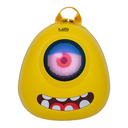 Ldb Ledback Buddy Smart LED Backpack in Lemon Drop Yellow with a round LED screen displaying a white eye with red pupil and a half shut blue eye lid, and a teeth sticker showing a smiling mouth, shown from the front isolated on a transparent background.