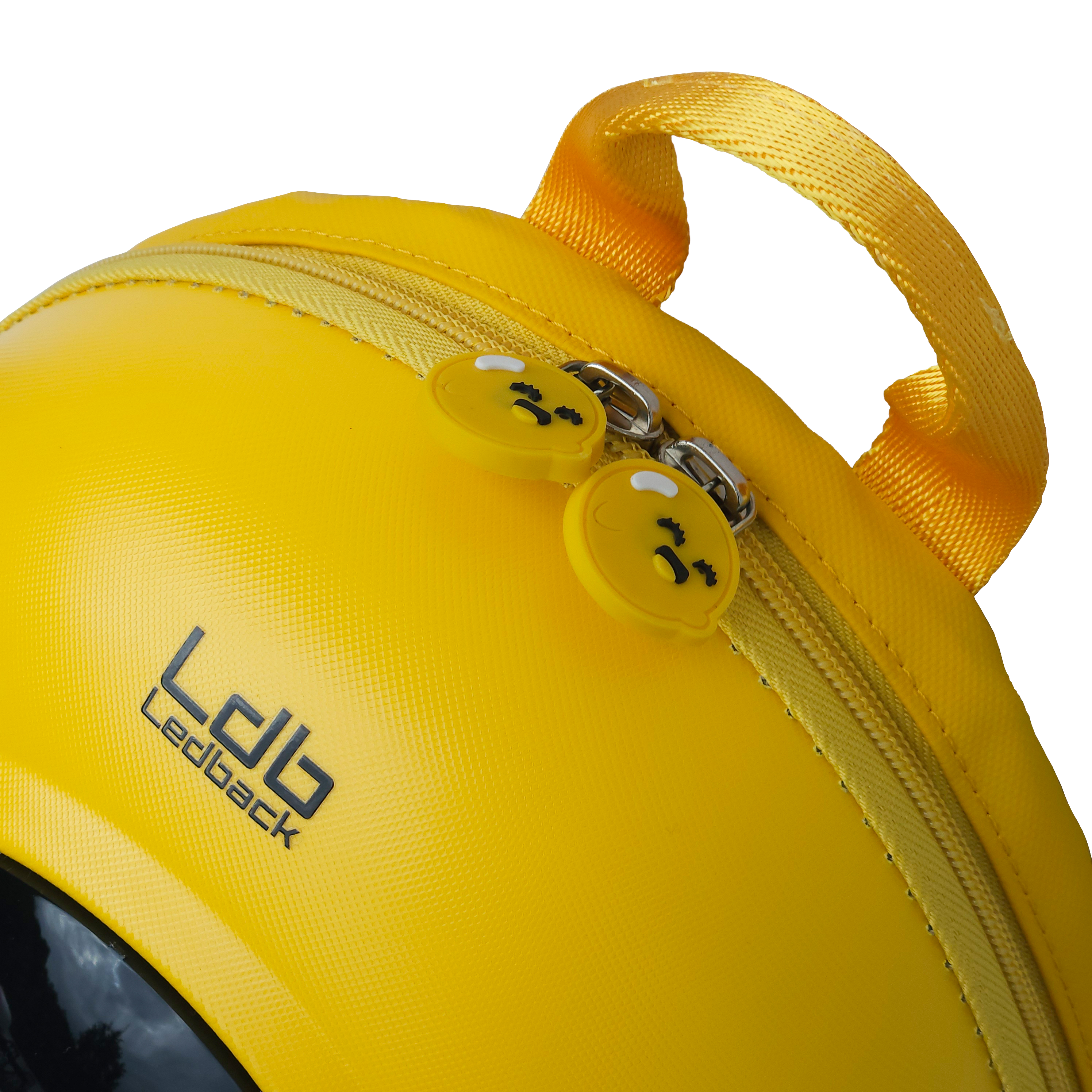 Closeup of the double zippers with smiling face pull tabs on the Ldb Ledback Buddy Smart LED Backpack in Lemon Drop Yellow, shown from the back isolated on a transparent background.