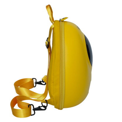 Ldb Ledback Buddy Smart LED Backpack in Lemon Drop Yellow with a blacked out round LED screen, shown from the side isolated on a transparent background.