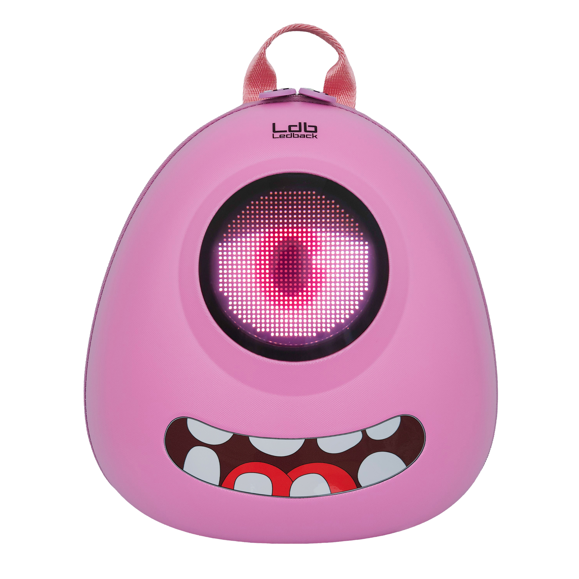 Ldb Ledback Buddy Smart LED Backpack in Raspberry Sorbet Pink with a round LED screen displaying a white eye with a pink and red pupil and a half shut pink eye lid, and a teeth sticker showing a smiling mouth, shown from the front isolated on a transparent background.
