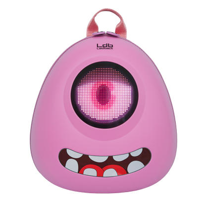 Ldb Ledback Buddy Smart LED Backpack in Raspberry Sorbet Pink with a round LED screen displaying a white eye with a pink and red pupil and a half shut pink eye lid, and a teeth sticker showing a smiling mouth, shown from the front isolated on a transparent background.