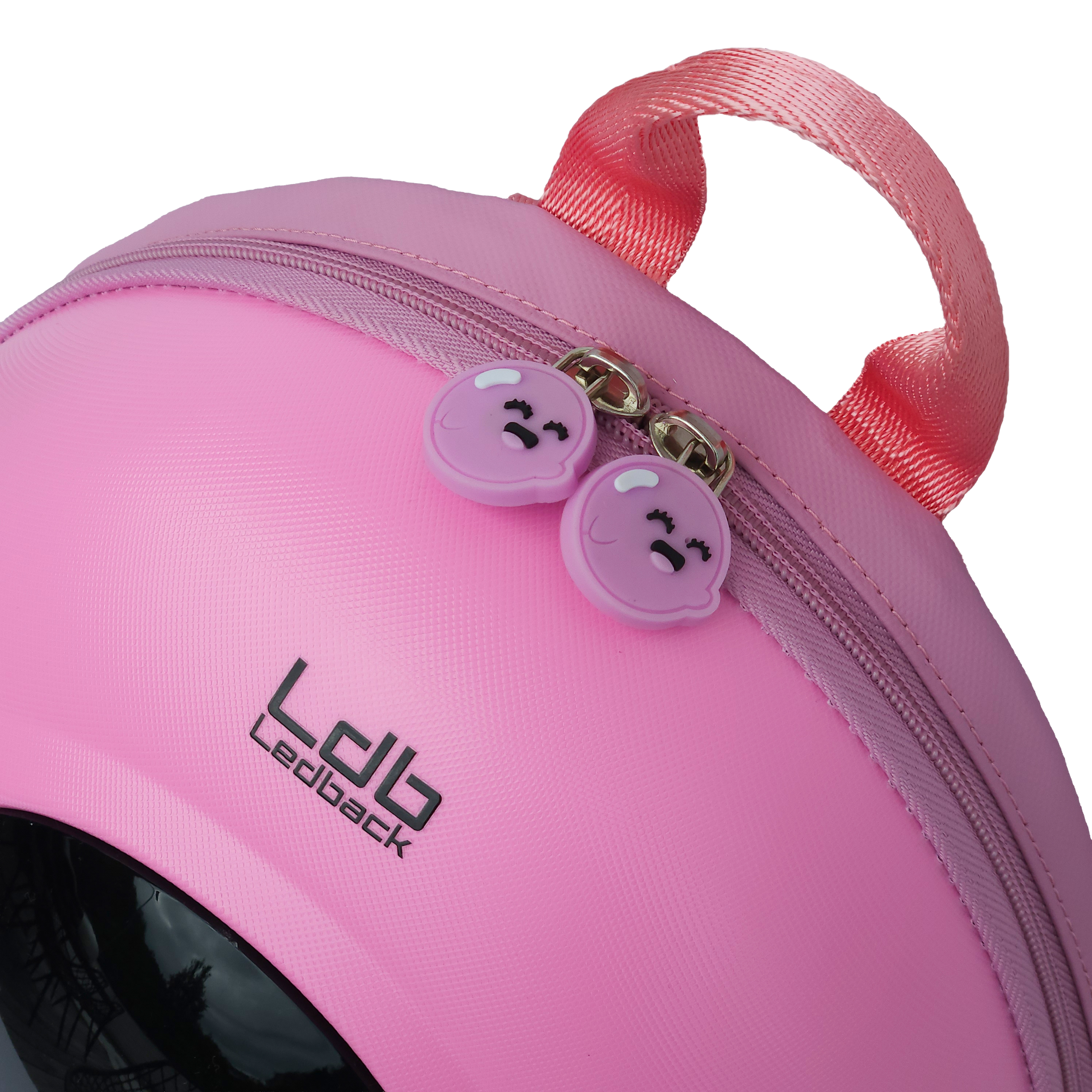 Closeup of the double zippers with smiling face pull tabs on the Ldb Ledback Buddy Smart LED Backpack in Raspberry Sorbet Pink, shown from the back isolated on a transparent background.
