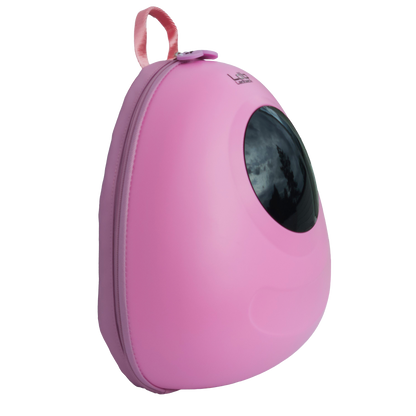 Ldb Ledback Buddy Smart LED Backpack in Raspberry Sorbet Pink with a blacked out round LED screen, shown obliquely from the front isolated on a transparent background.