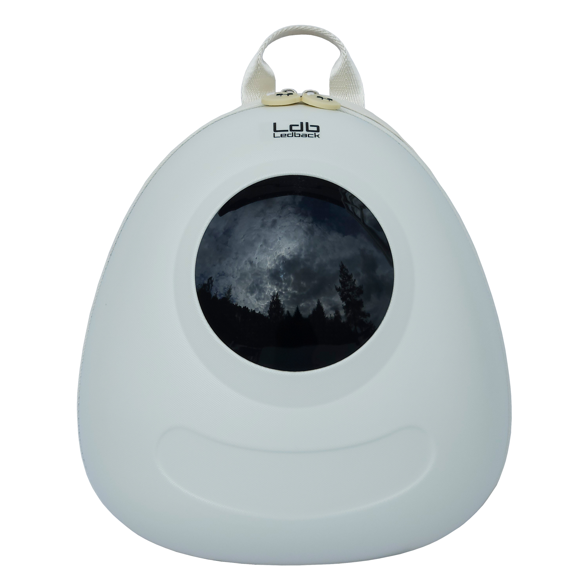 Ldb Ledback Buddy Smart LED Backpack in Whipped Cream White with a blacked out round LED screen, shown from the front isolated on a transparent background.