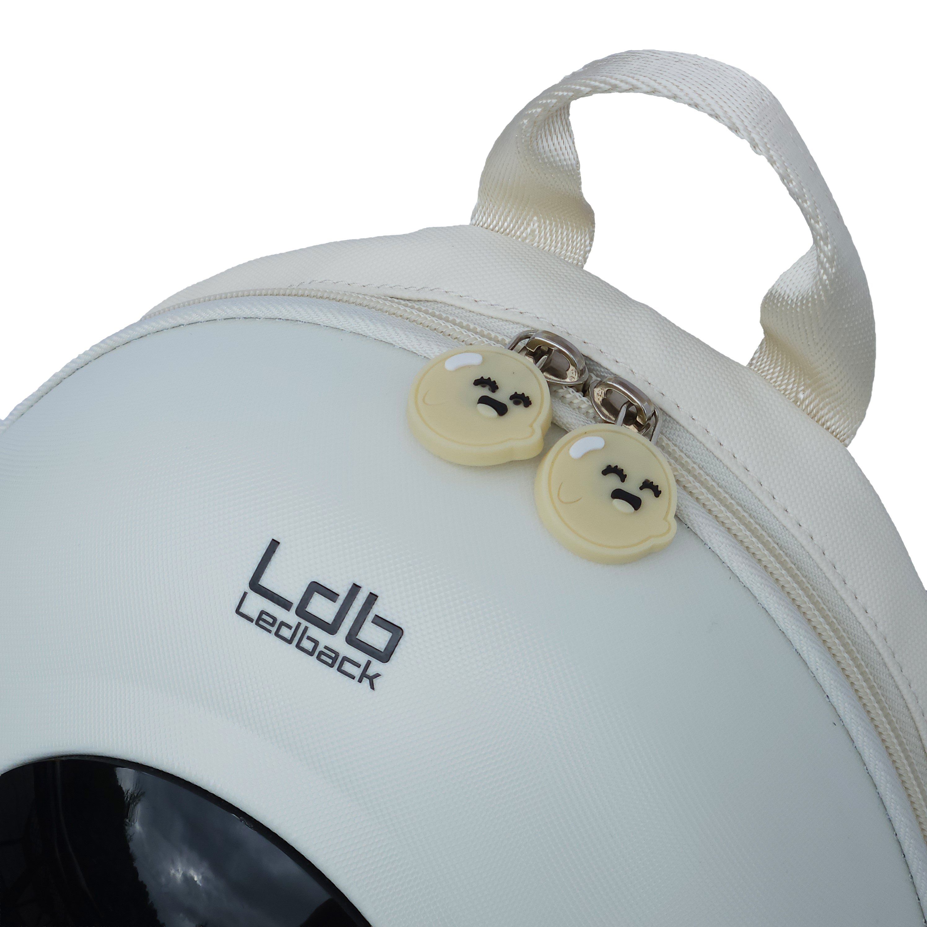 Closeup of the double zippers with smiling face pull tabs on the Ldb Ledback Buddy Smart LED Backpack in Whipped Cream White, shown from the side isolated on a transparent background.