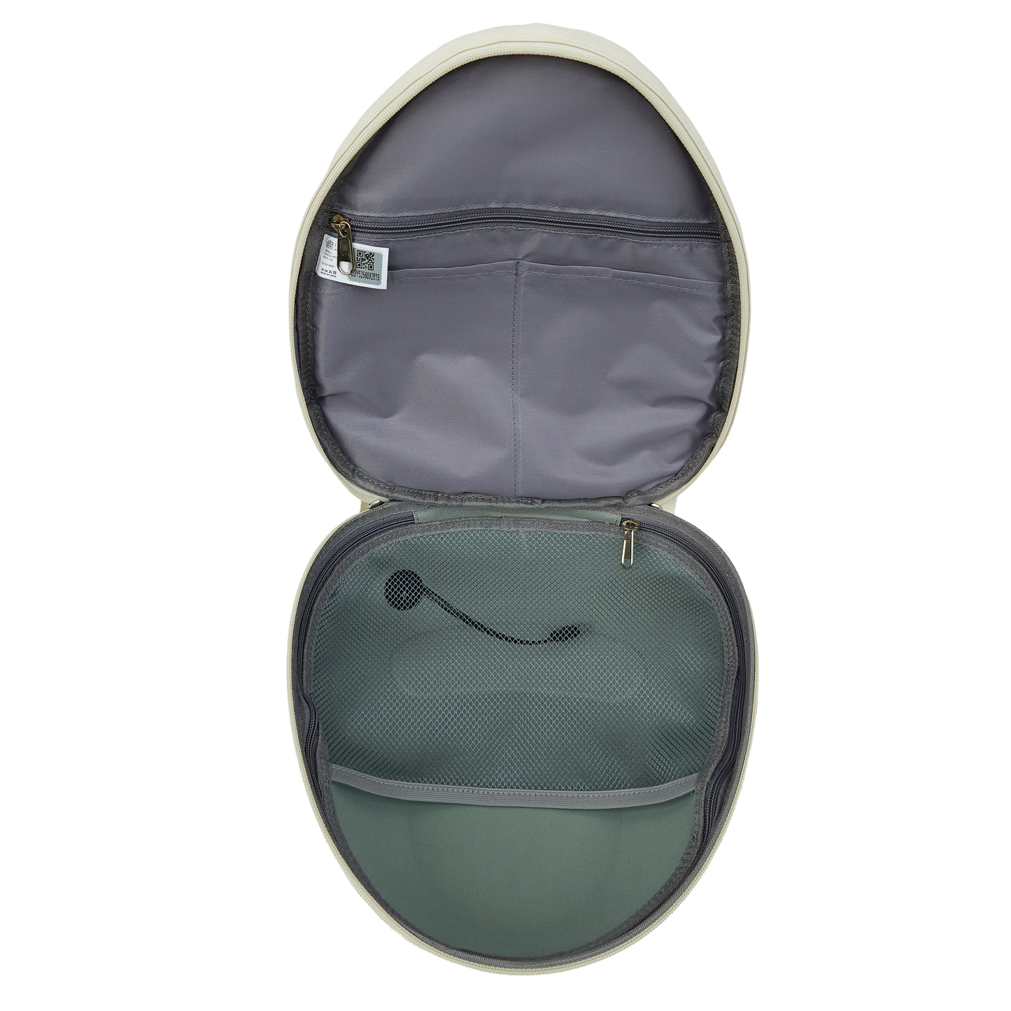 Grey inside of the Ldb Ledback Buddy Smart LED Backpack in Whipped Cream White, with 1 large net pocket, 1 large, zipped pocket, and 2 smaller open pockets, shown from above isolated on a transparent background.