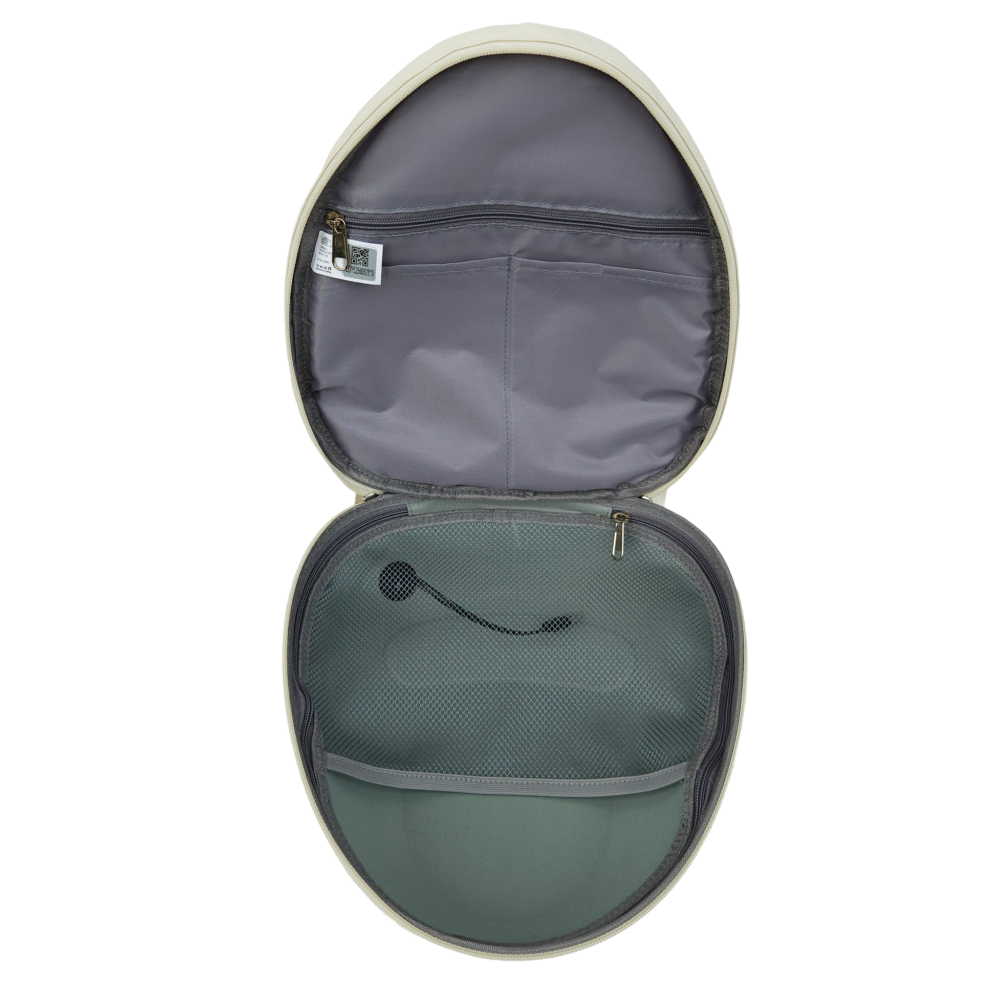 Grey inside of the Ldb Ledback Buddy Smart LED Backpack in Whipped Cream White, with 1 large net pocket, 1 large, zipped pocket, and 2 smaller open pockets, shown from above isolated on a transparent background.