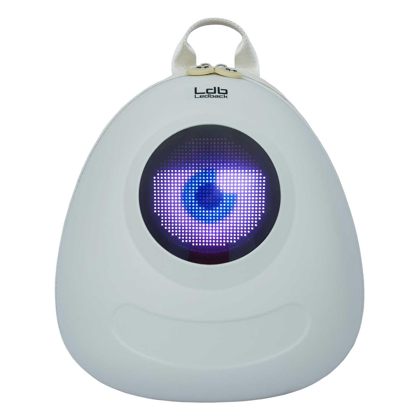 Ldb Ledback Buddy Smart LED Backpack in Whipped Cream White with a round LED screen displaying a white eye with blue pupil and a half shut black eye lid, shown from the front isolated on a transparent background.