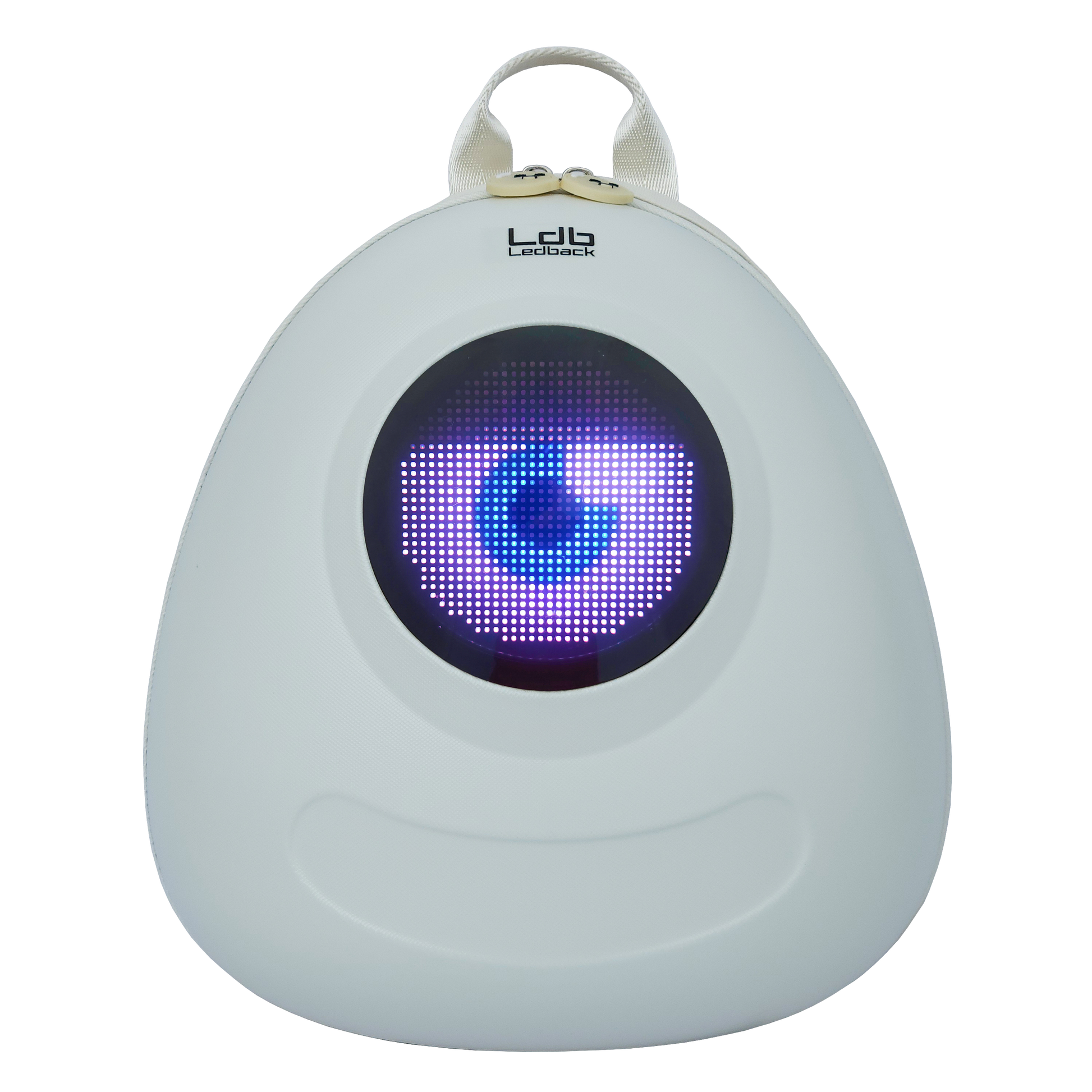 Ldb Ledback Buddy Smart LED Backpack in Whipped Cream White with a round LED screen displaying a white eye with blue pupil and a half shut black eye lid, shown from the front isolated on a transparent background.