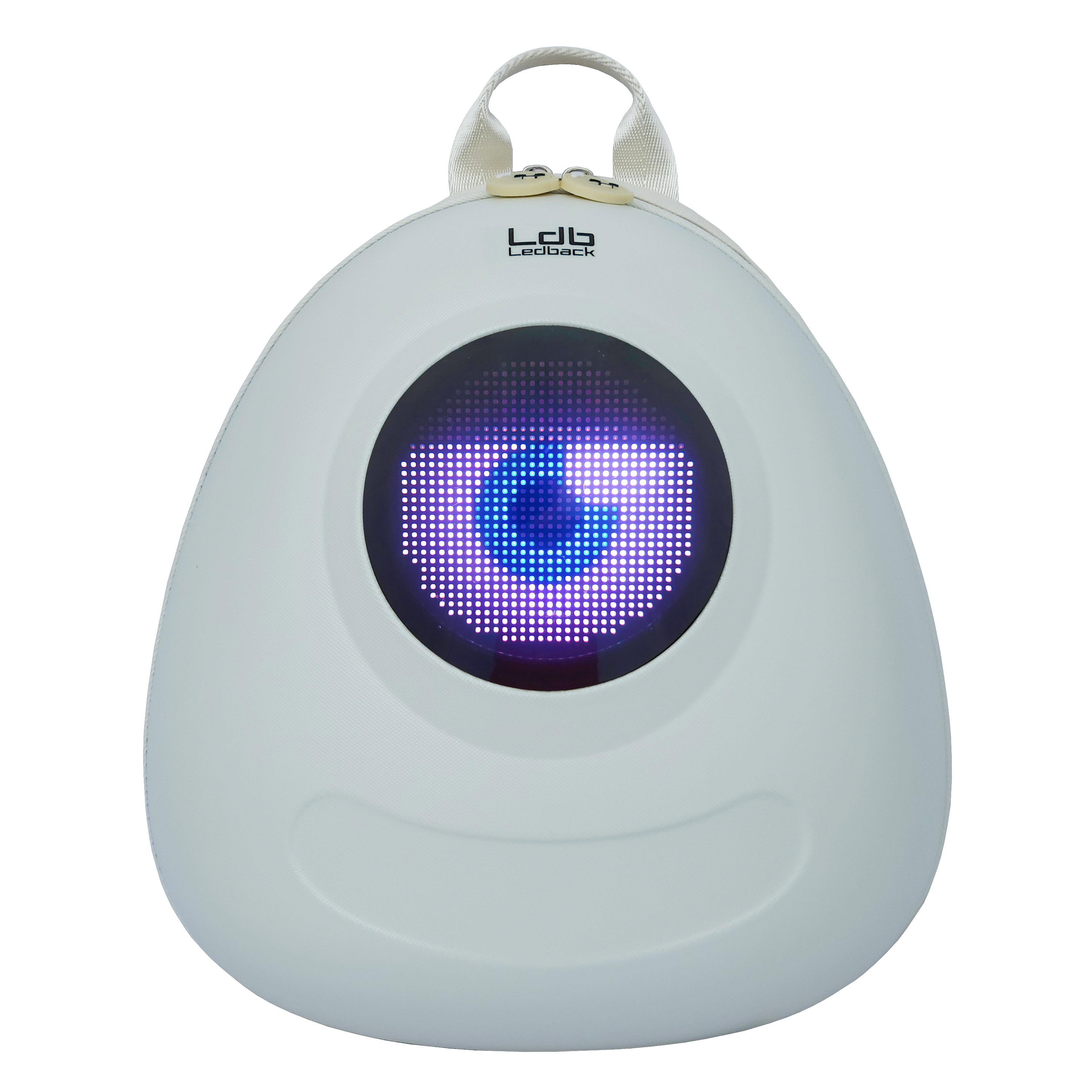 Ldb Ledback Buddy Smart LED Backpack in Whipped Cream White with a round LED screen displaying a white eye with blue pupil and a half shut black eye lid, shown from the front isolated on a transparent background.