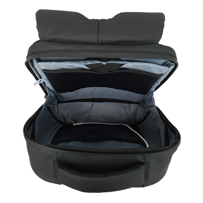 Light blue/grey inside of the Black Ldb Ledback HD Smart LED Laptop Backpack displaying multiple pockets and the white USB cable for the LED screen, viewed from the top isolated on a transparent background.