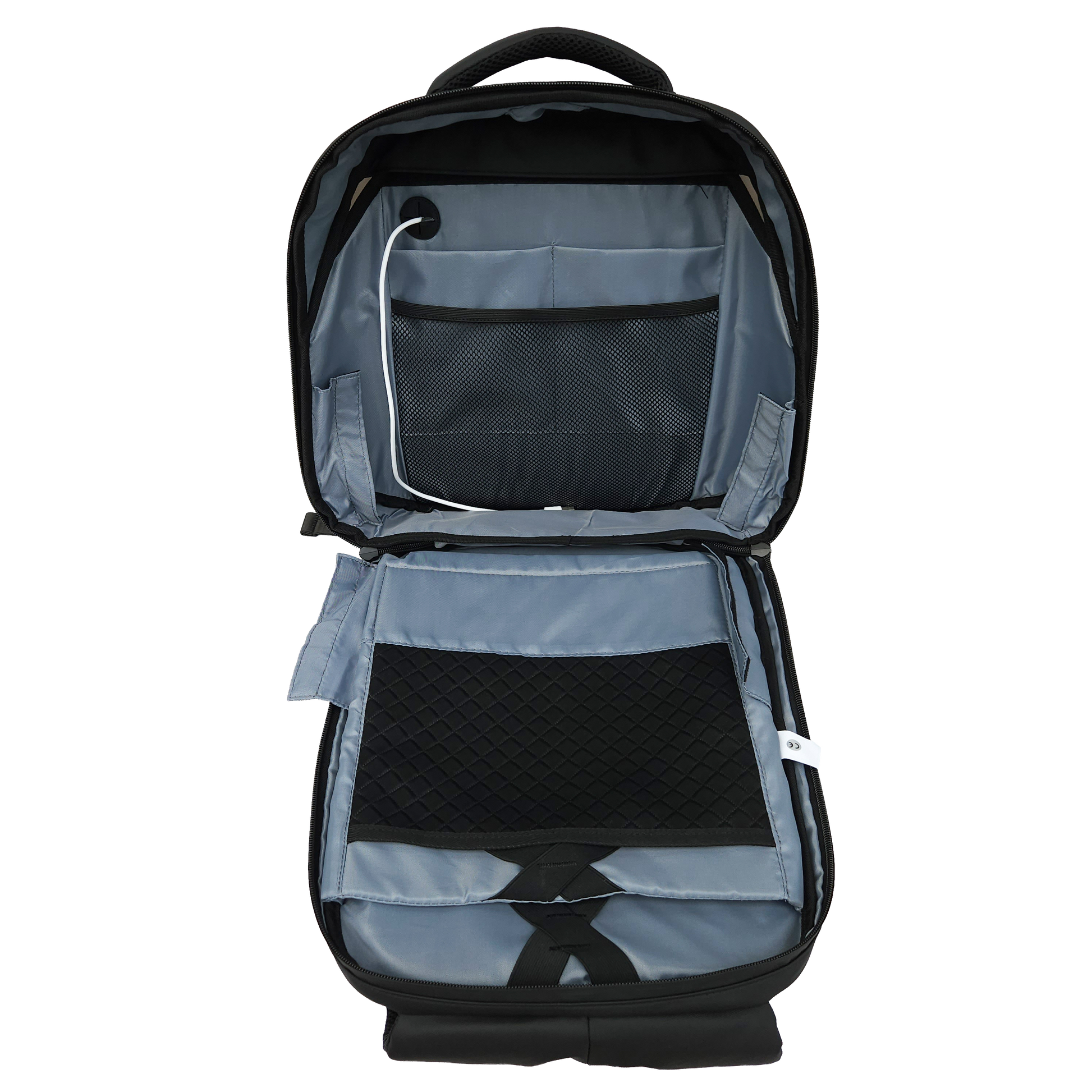 Open and expanded inside of the Black Ldb Ledback HD Smart LED Laptop Backpack displaying light blue/grey interior with multiple pockets and the white USB cable for the LED screen, viewed isolated on a transparent background.