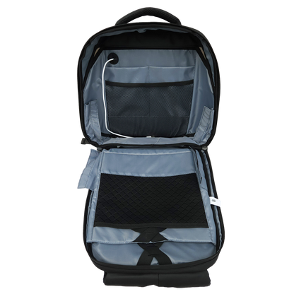 Open and expanded inside of the Black Ldb Ledback HD Smart LED Laptop Backpack displaying light blue/grey interior with multiple pockets and the white USB cable for the LED screen, viewed isolated on a transparent background.