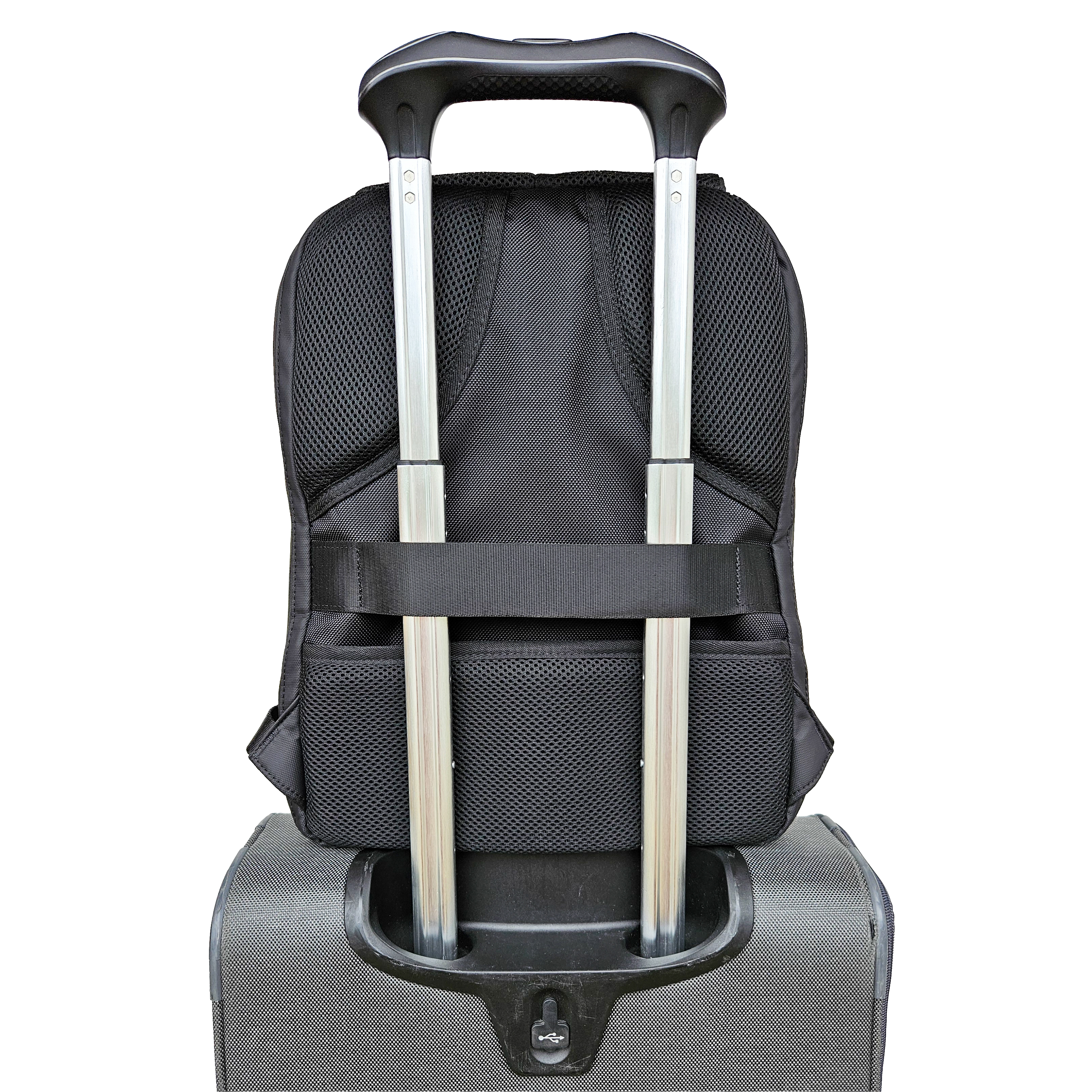 Black Ldb Ledback HD Smart LED Laptop Backpack shown on top of luggage displaying the luggage strap around the luggage telescope handle, shown from the back isolated on a transparent background.