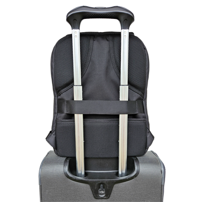 Black Ldb Ledback HD Smart LED Laptop Backpack shown on top of luggage displaying the luggage strap around the luggage telescope handle, shown from the back isolated on a transparent background.