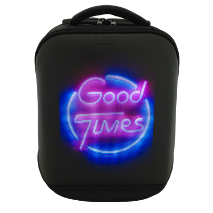 Black Ldb Ledback HD Smart LED Laptop Backpack with the LED screen showing a picture of a neon sign with the text "Good Times" in pink and blue, viewed from the front, showing the left padded shoulder strap isolated on a transparent background.