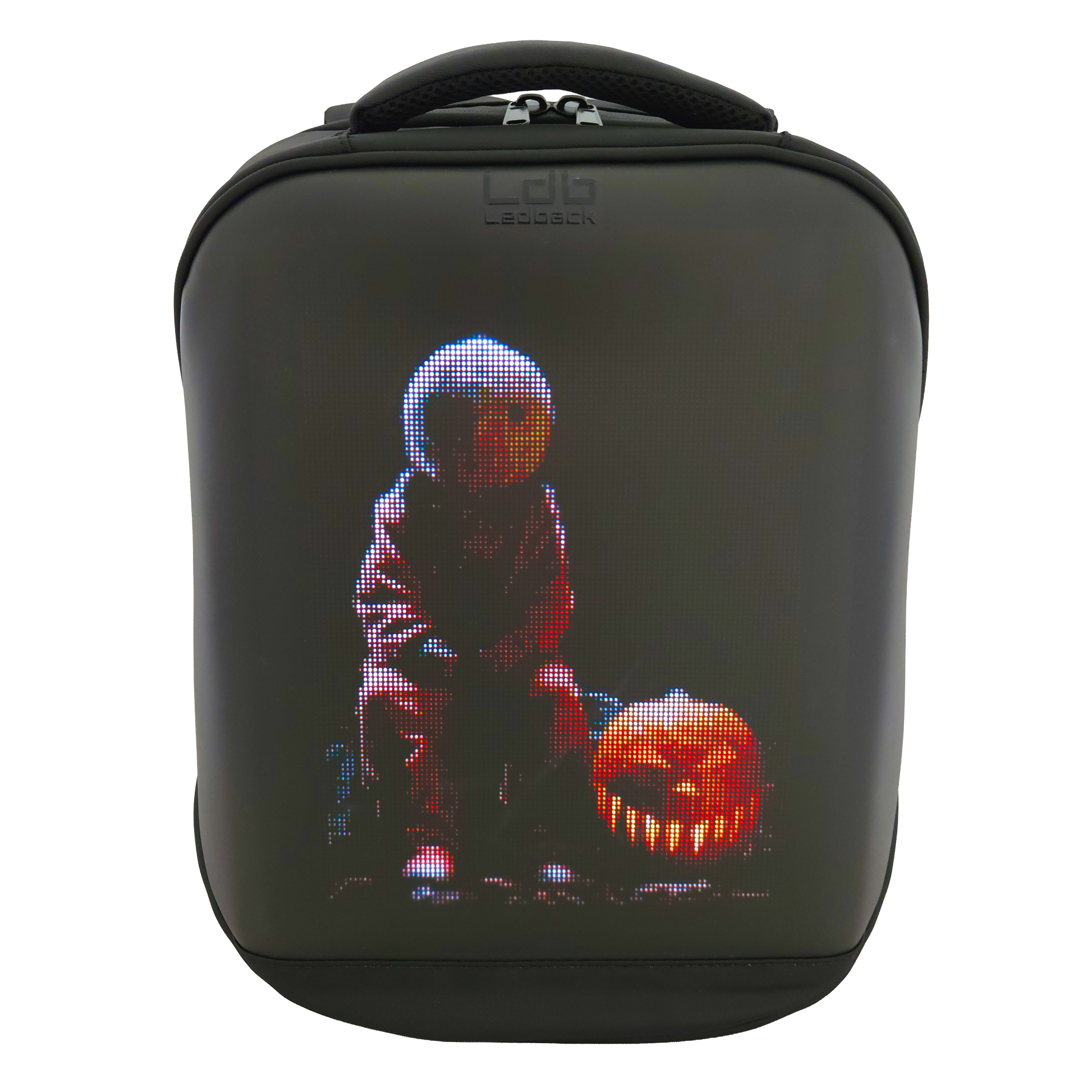 Black Ldb Ledback HD Smart LED Laptop Backpack with the LED screen showing a Halloween themed picture with a scary pumpkin, viewed from the front isolated on a transparent background.