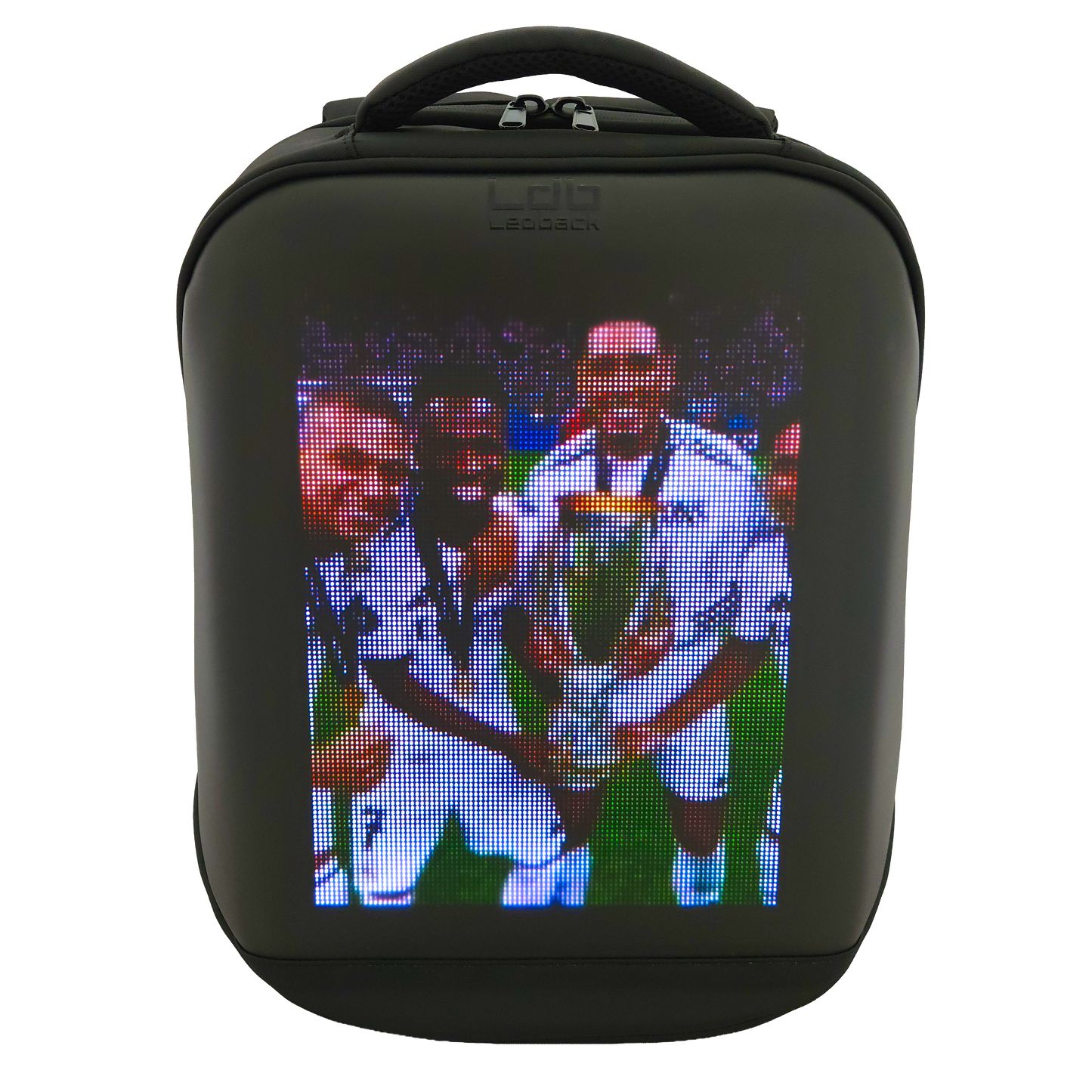Black Ldb Ledback HD Smart LED Laptop Backpack with the LED screen showing a football team celebrating a win with a huge trophy, viewed obliquely from the front isolated on a transparent background.