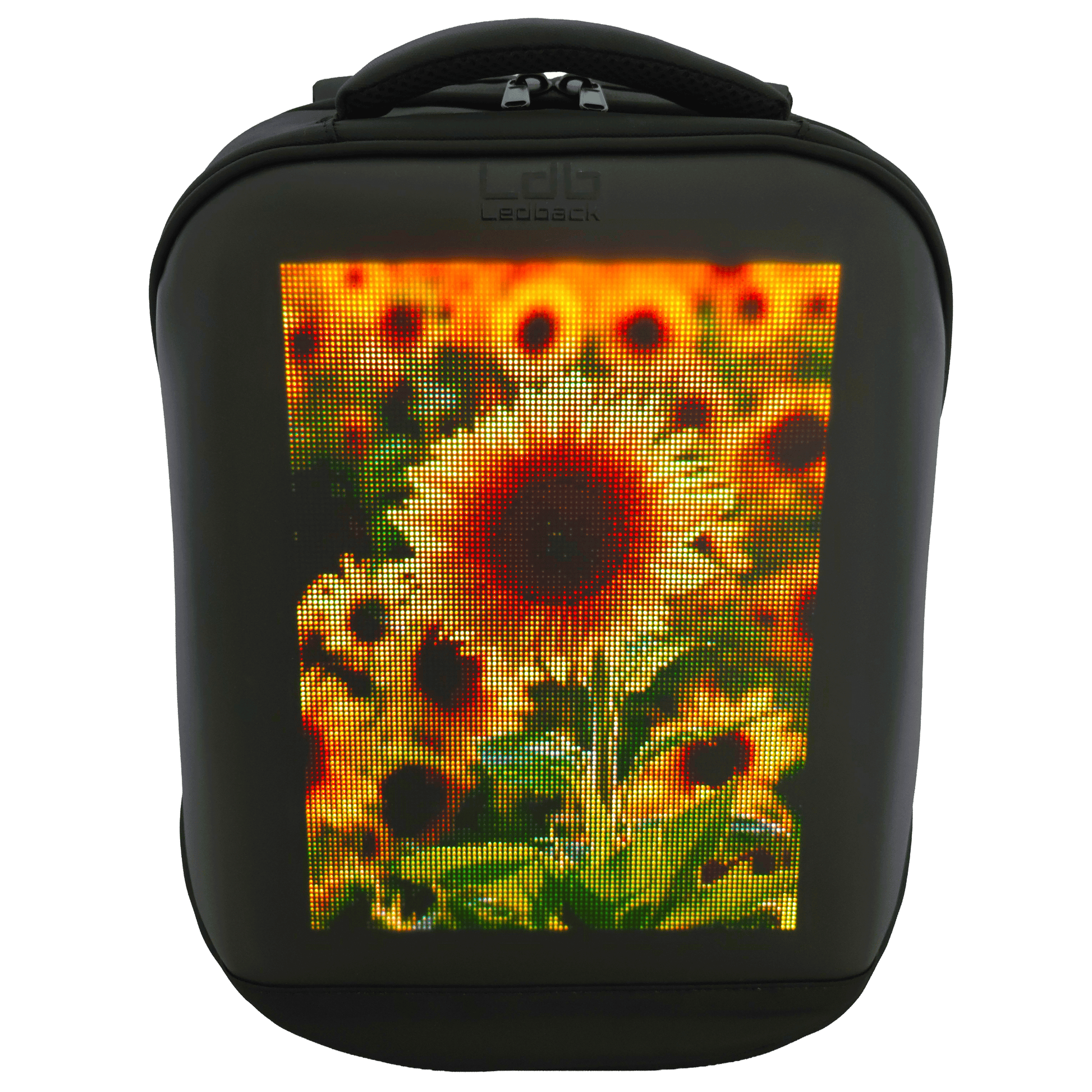 Black Ldb Ledback HD Smart LED Laptop Backpack with the LED screen displaying a picture with a field of sunflowers, viewed from the front isolated on a transparent background.