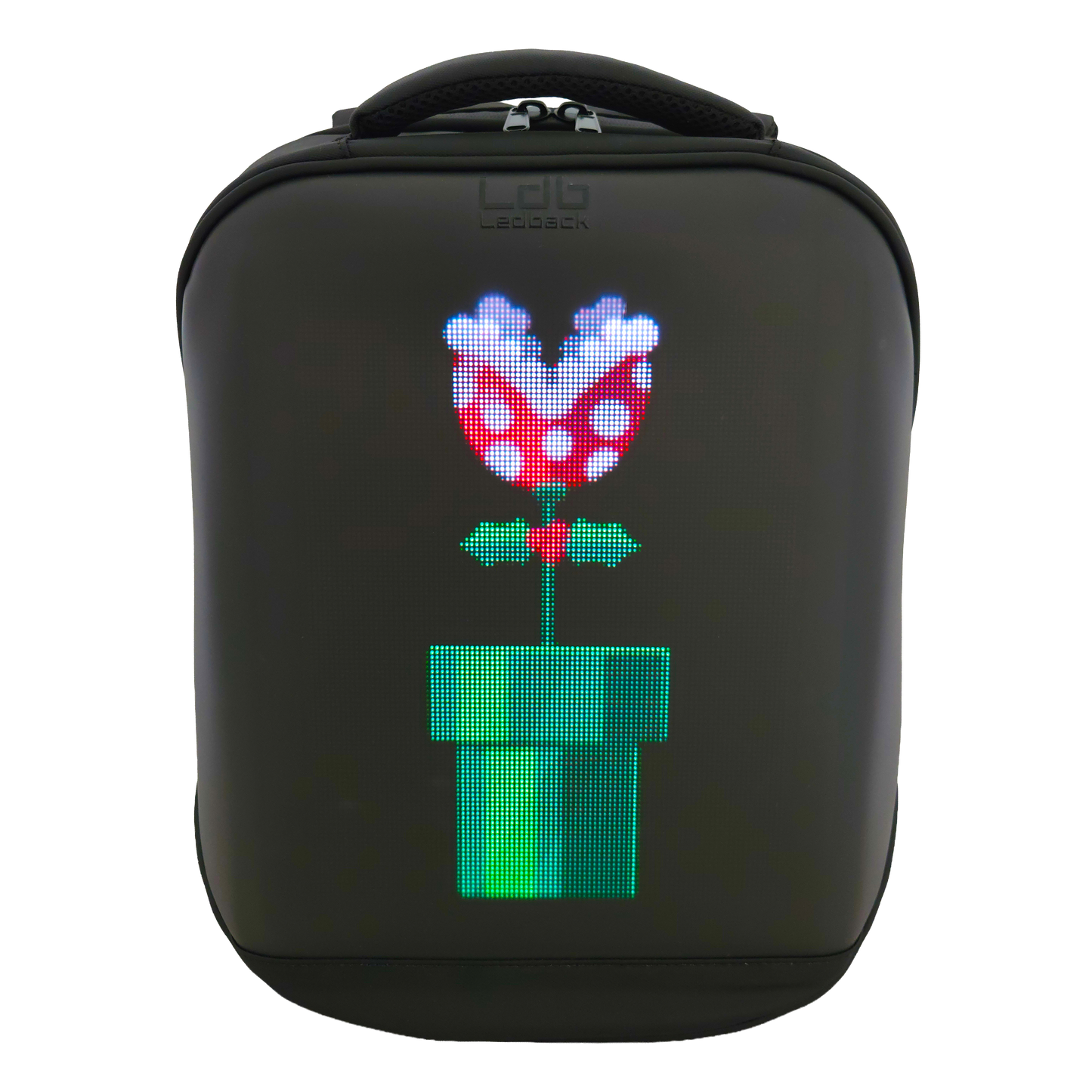 Black Ldb Ledback HD Smart LED Laptop Backpack with the LED screen showing a picture of the red and white piranha plant from Mario Bros popping up of a green pipe, viewed from the front isolated on a transparent background.