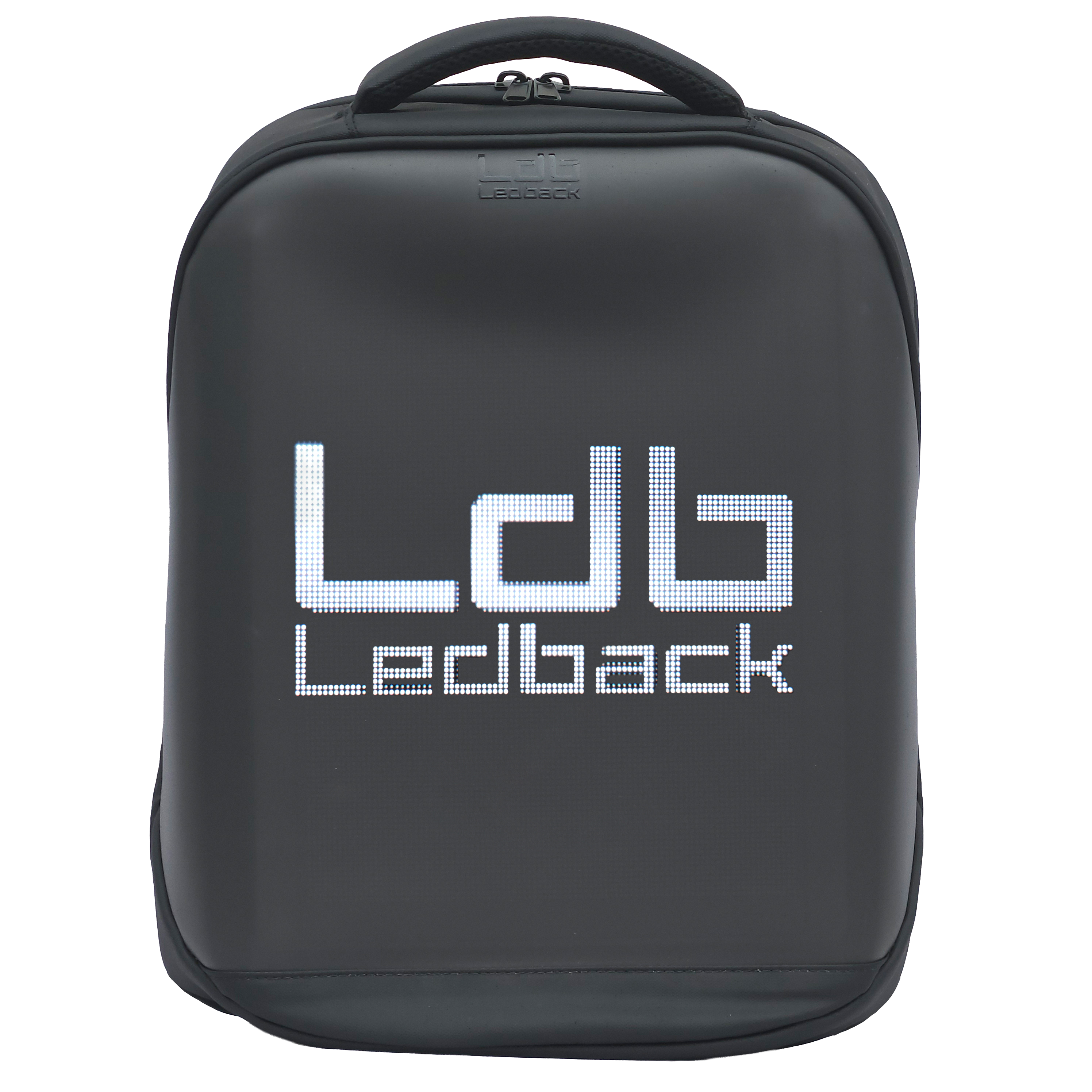 Black Ldb Ledback HD Smart LED Laptop Backpack with the LED screen showing the Ldb Ledback logo in white, viewed obliquely from the front isolated on a transparent background.