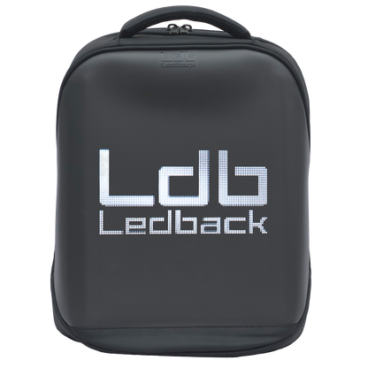 Black Ldb Ledback HD Smart LED Laptop Backpack with the LED screen showing the Ldb Ledback logo in white, viewed obliquely from the front isolated on a transparent background.