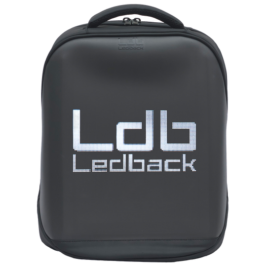 Black Ldb Ledback HD Smart LED Laptop Backpack with the LED screen showing the Ldb Ledback logo in white, viewed obliquely from the front isolated on a transparent background.