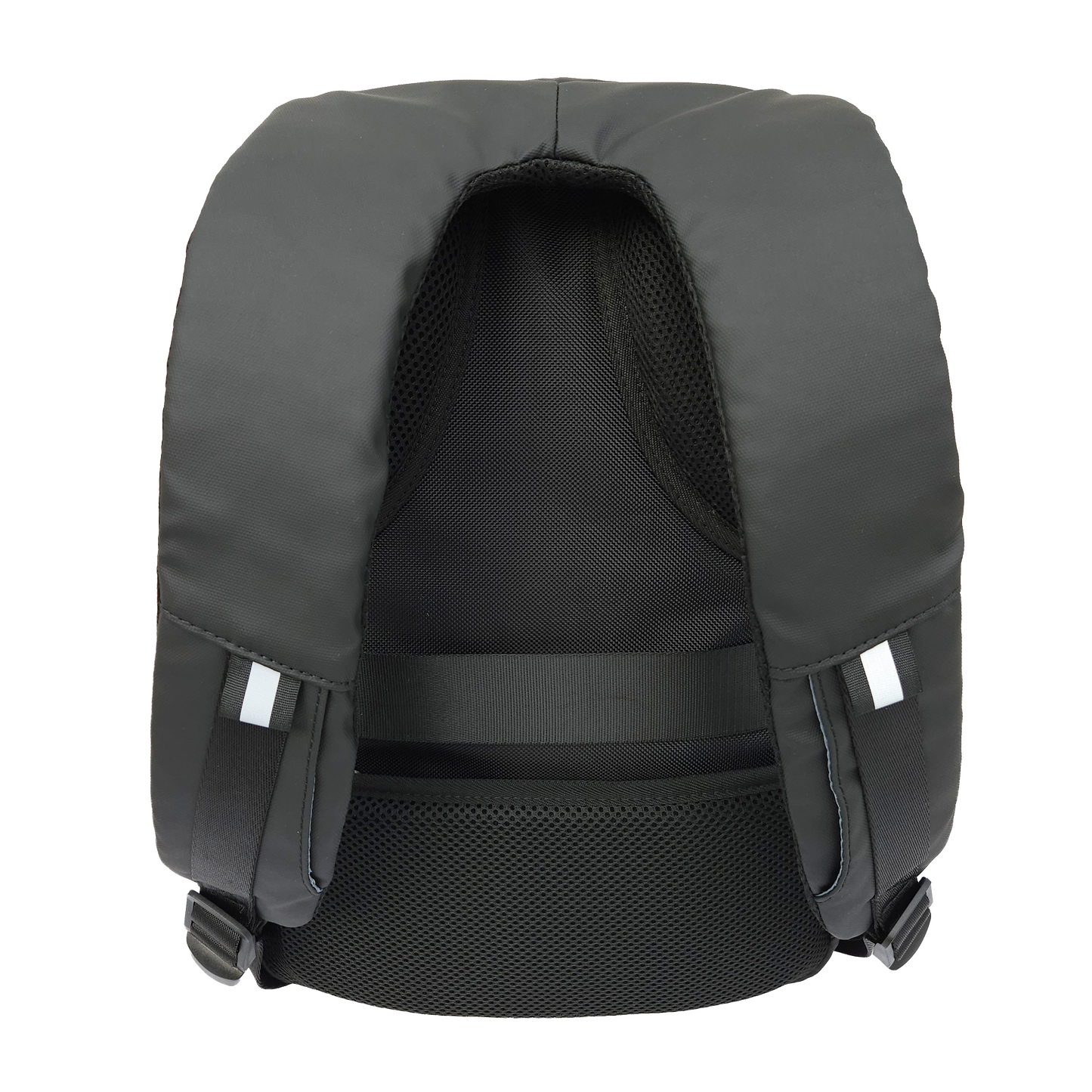 Black Ldb Ledback HD Smart LED Laptop Backpack viewed from the back showing padded back with hidden pocket and luggage strap, and padded shoulder straps isolated on a transparent background.