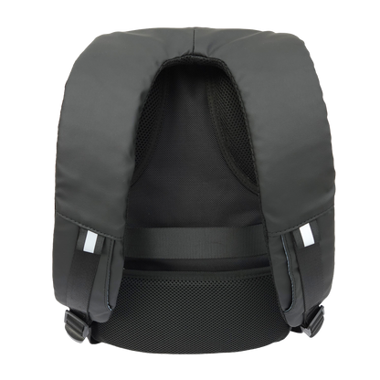 Black Ldb Ledback HD Smart LED Laptop Backpack viewed from the back showing padded back with hidden pocket and luggage strap, and padded shoulder straps isolated on a transparent background.