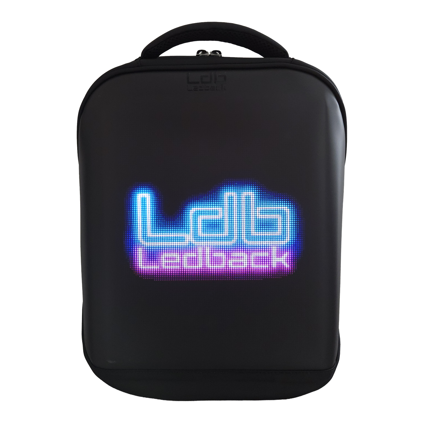 Black Ldb Ledback HD Smart LED Laptop Backpack with the LED screen showing the Ldb Ledback logo in Blue and Pink, viewed obliquely from the front isolated on a transparent background.