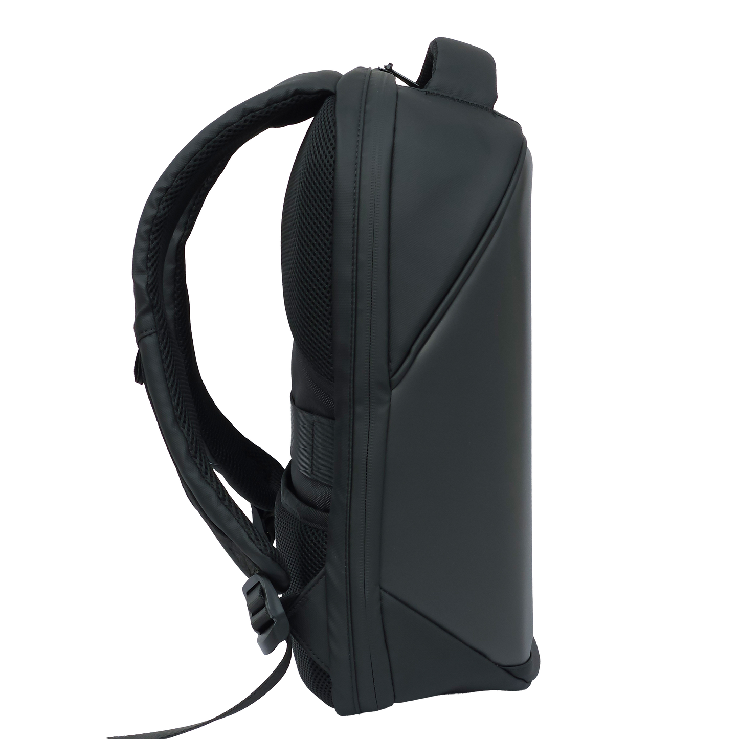 Black Ldb Ledback HD Smart LED Laptop Backpack viewed from the left side showing the left padded shoulder strap and sleek design isolated on a transparent background.