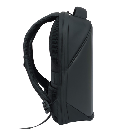Black Ldb Ledback HD Smart LED Laptop Backpack viewed from the left side showing the left padded shoulder strap and sleek design isolated on a transparent background.
