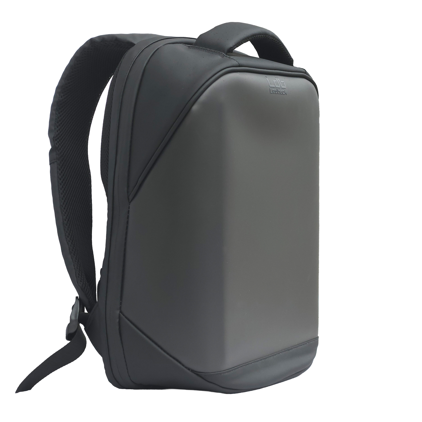 Black Ldb Ledback HD Smart LED Laptop Backpack with sleek design and high-quality piped stitching, viewed obliquely from the front, showing the left padded shoulder strap isolated on a transparent background.