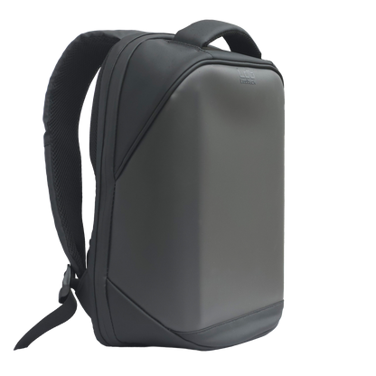 Black Ldb Ledback HD Smart LED Laptop Backpack with sleek design and high-quality piped stitching, viewed obliquely from the front, showing the left padded shoulder strap isolated on a transparent background.